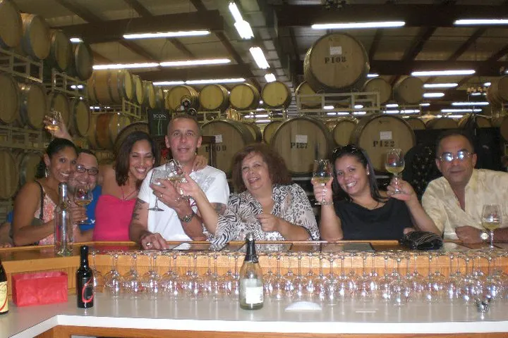 Daniel Ruiz with family raising glasses in a winery barrel room