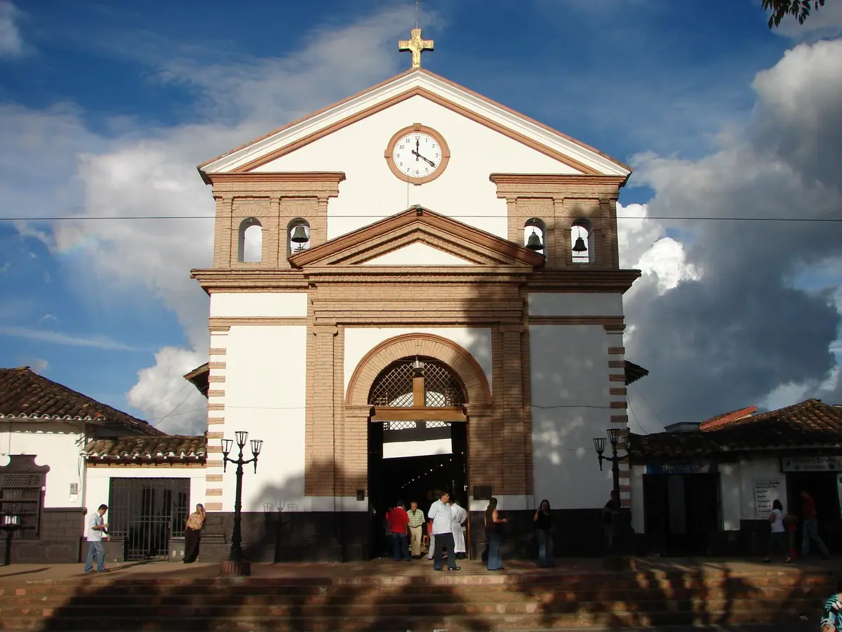 The white church on the main plaza of San Antonio de Pereira, Rionegro, Antioquia