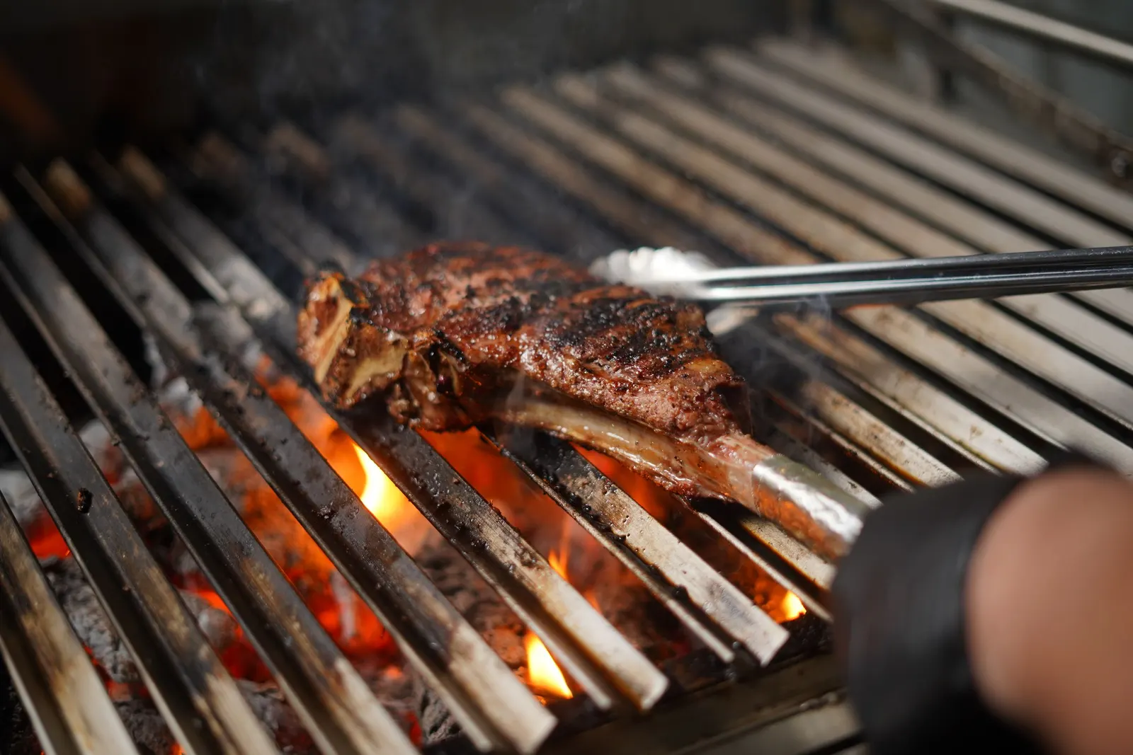 A tomahawk steak with its long frenched rib bone searing over open flames on a grill, turned with tongs